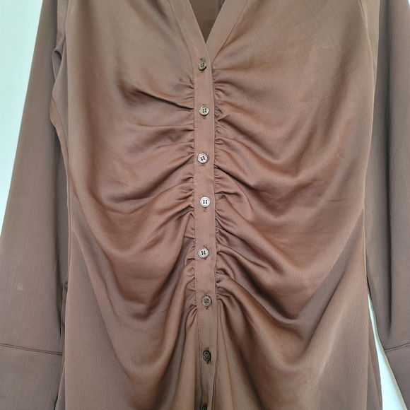 H&M Long Sleeve Button Down Ruched Bodycon Mini Dress Size Medium Brown - Picture 4 of 11